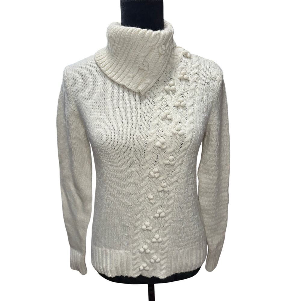 Garnet Hill Women’s Sweater Cable Turtleneck Asymmetrical Bobble detail Ivory SM